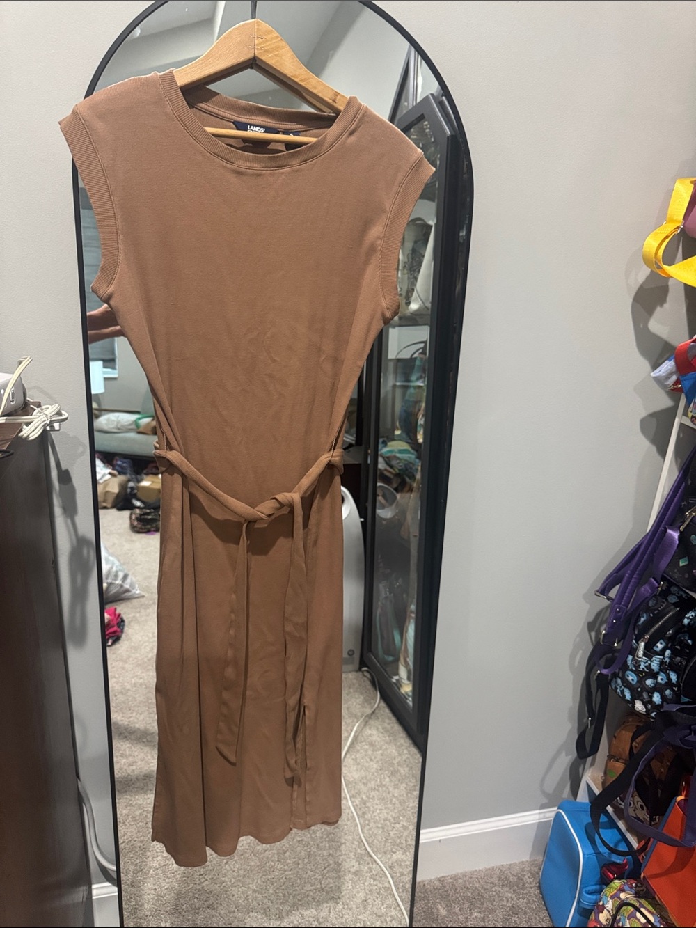 Lands' End Sleeveless Tan-Brown Midi Dress with Waist Tie